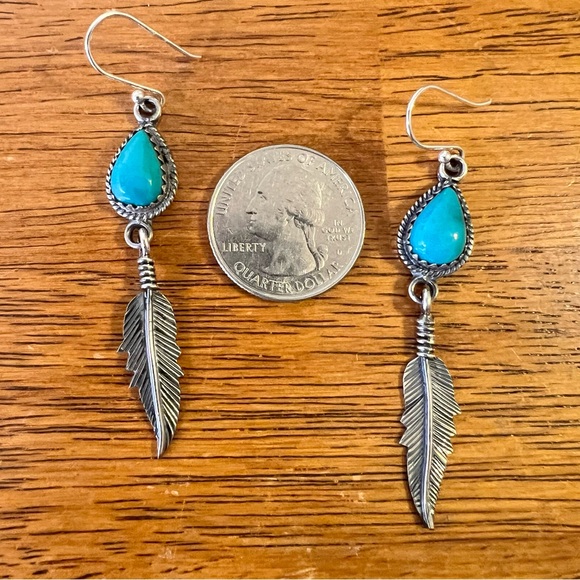 Turquoise & Sterling Feather Dangle Earrings | 925 Sterling Silver - Picture 6 of 9